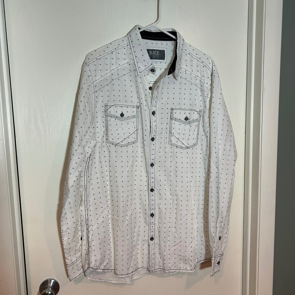BKE Standard Fit Mens White Black Geometric Print Long Sleeve Button Up Shirt XL